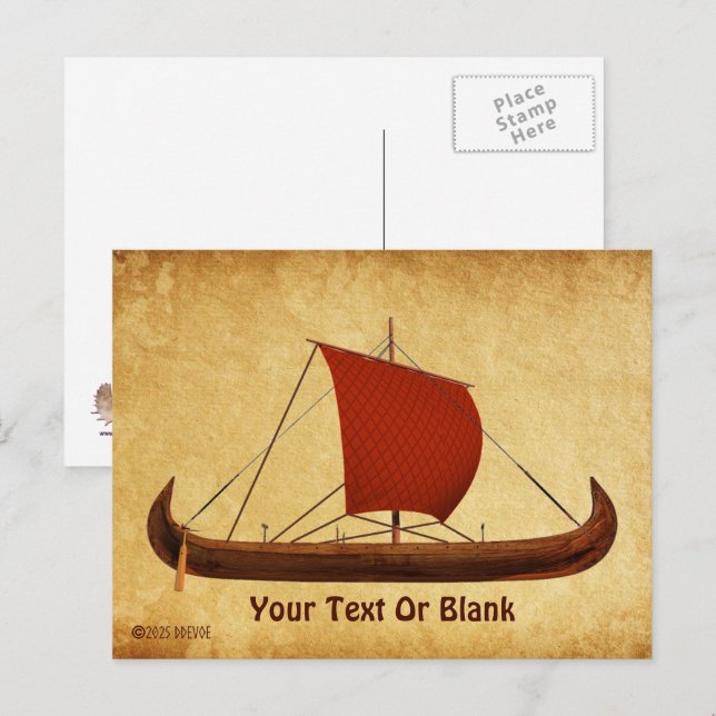Carte Postale Bateau viking à voile rouge II (Devant / Derrière)