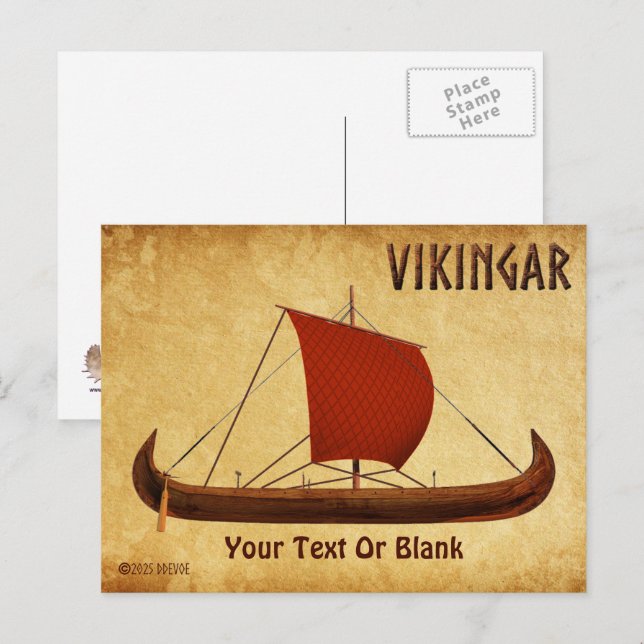 Carte Postale Bateau viking à voile rouge II (Devant / Derrière)