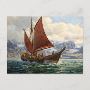 Carte Postale Bateau viking naviguant sur une mer du nord. Islan