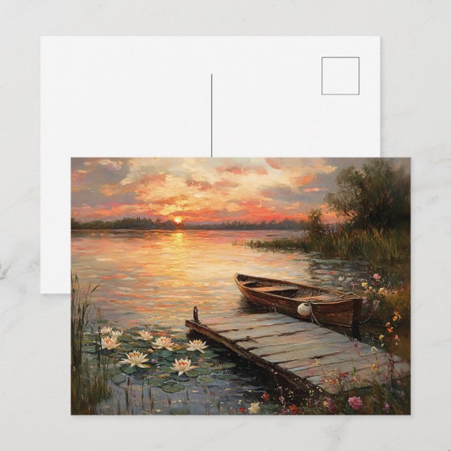 Carte Postale Bateau vintage au lac Sunset (Devant / Derrière)