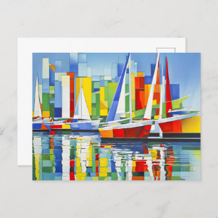 Carte Postale Bateaux à voile cubistes dans le port coloré