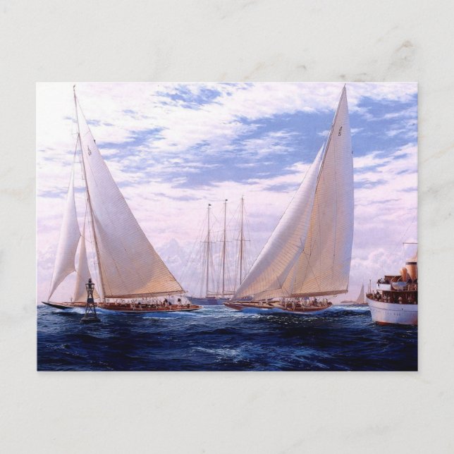 Carte Postale Bateaux de course et trois maîtres à l'ancre (Devant)