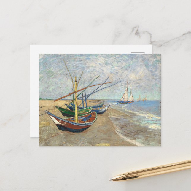 Carte Postale Bateaux de pêche sur la plage de Vincent Van Gogh (Devant/Arrière en situation)