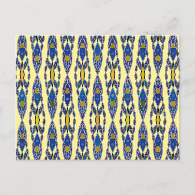 Carte Postale Batik tribal - Acier bleu, gris et jaune (Devant)