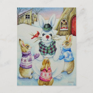 Carte Postale Bâtiment de lapins d'hiver Snowbund Aquarelle Art