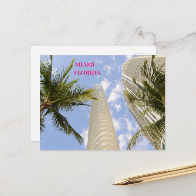 Carte Postale Bâtiments blancs palmiers Miami Floride voyage (Devant/Arrière en situation)