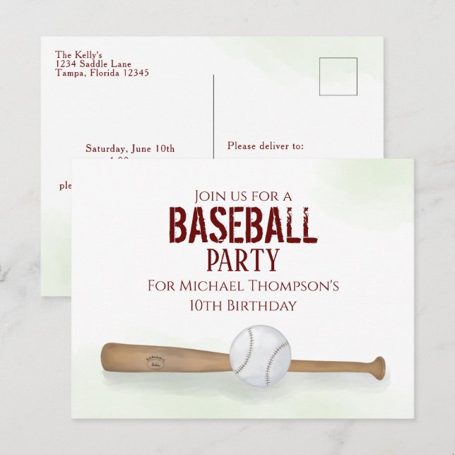 Carte Postale Batte de baseball à l'aquarelle pour un anniversai (Devant / Derrière)