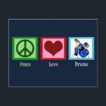 Carte Postale Batterie Peace Love Cool Drum Set Band<br><div class="desc">Carte postale de batteur cool pour le propriétaire d'un magasin d'instruments de musique qui aime se balancer sur un ensemble de batterie. J'aime jouer de la batterie. Je suis un rocker qui joue du rock et du roll dans un groupe.</div>