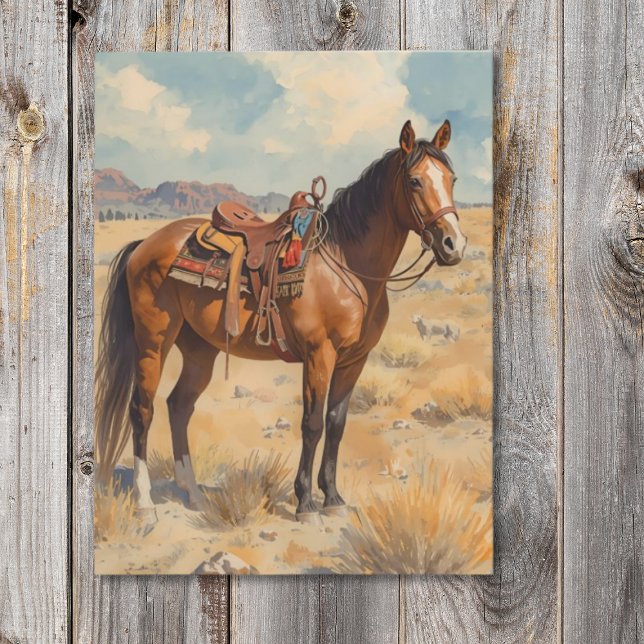 Carte Postale Bay Horse dans le désert Sud-Ouest (Watercolor horse postcard)
