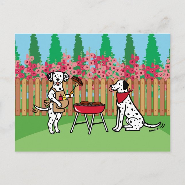 Carte Postale BBQ Party Dalmatiens Hollyhock Fleurs Cartoon Pos (Devant)
