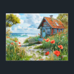 Carte Postale Beach Cottage avec Dunes et Poppies<br><div class="desc">Illustration côtière d'un chalet au bord de la plage,  avec un chemin de sable à travers des dunes ornées de pavots rouges vibrants. Idéal pour la décoration estivale et balnéaire.</div>