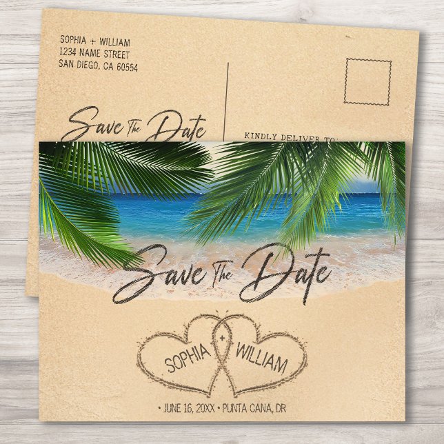 Carte Postale Beach Sand Hearts Palm Enregistrer la date Annonce (Créateur téléchargé)