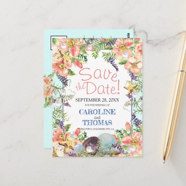 Carte Postale Beach Wedding Floral Seashells Pearl Enregistrer L (Devant/Arrière en situation)