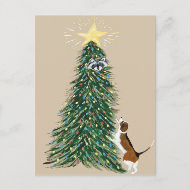 Carte Postale Beagle Avec Raccoon Arboré (Devant)