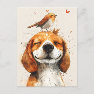 Carte Postale Beagle mignon avec un oiseau sur la tête peint mai