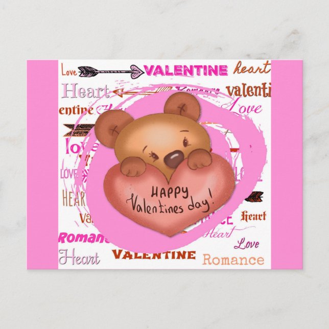Carte Postale Bear de caricature rose Saint-Valentin (Devant)