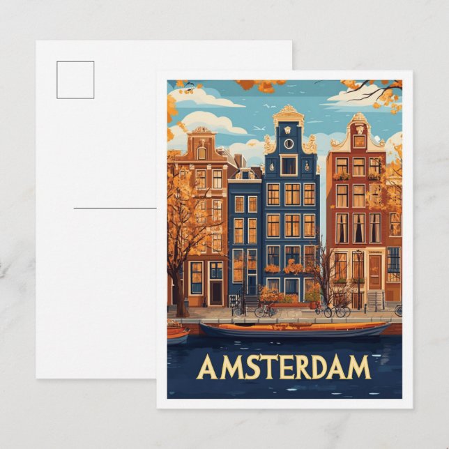 Carte Postale Beau Amsterdam Art Illustration Voyage (Devant / Derrière)