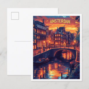Carte Postale Beau Amsterdam Vintage Illustration Voyage