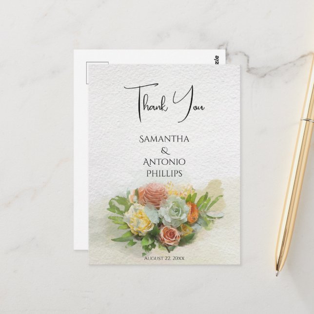 Carte Postale Beau Bouquet de Fleurs Art Aquarelle Merci (Devant/Arrière en situation)