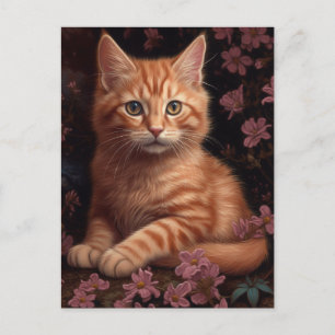 Carte Postale Beau Chaton À Gingembre Avec Fleurs Roses