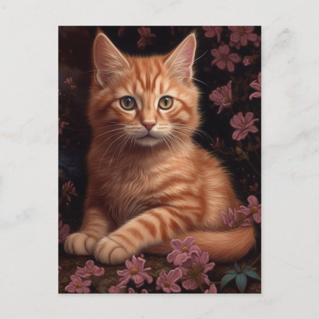 Carte Postale Beau Chaton À Gingembre Avec Fleurs Roses (Devant)