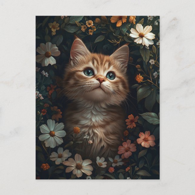 Carte Postale Beau chaton orange avec Fleur sauvage (Devant)