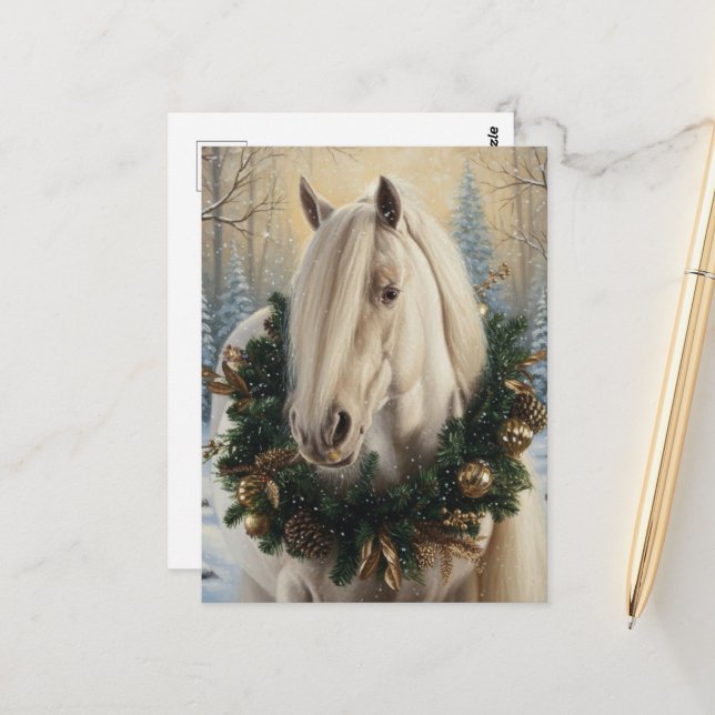 Carte Postale Beau cheval Palomino de Noël (Devant/Arrière en situation)