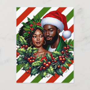 Carte Postale Beau couple noir art de couronne de Noël de houx