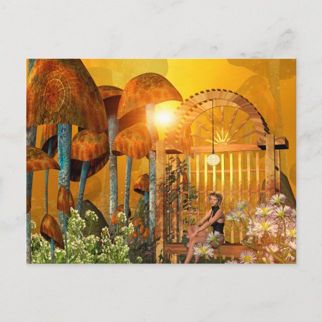 Carte Postale Beau elfe assis dans le jardin fleuri (Devant)