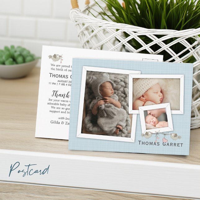 Carte Postale Beau en bleu annonce de naissance encadrée (Handsome in Blue Photo Framed Birth Announcement Postcard)