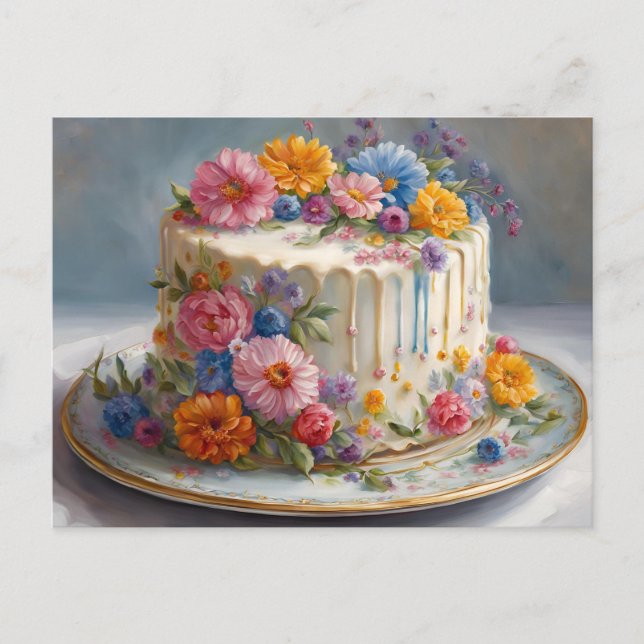 Carte Postale Beau gâteau d'anniversaire avec fleurs (Devant)