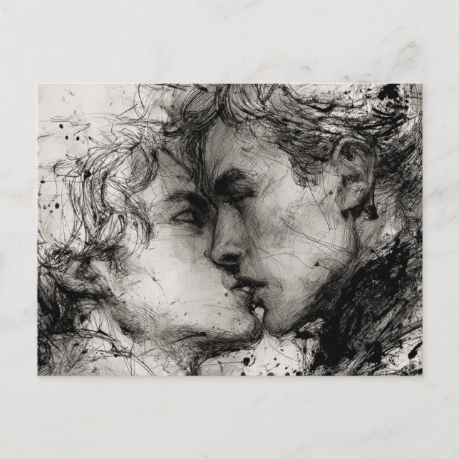 Carte Postale Beau Gay Love The Kiss en noir et blanc (Devant)