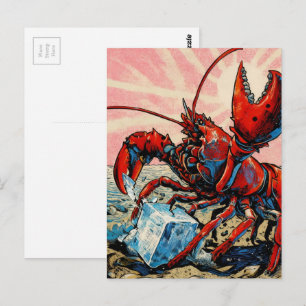 Carte Postale Beau homard du Maine brisant un cube de glace