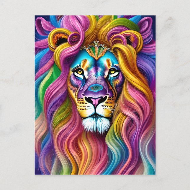 Carte Postale Beau Lion avec Main Colorée (Devant)