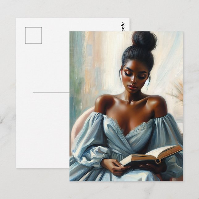 Carte Postale Beau livre de lecture de femme noire (Devant / Derrière)