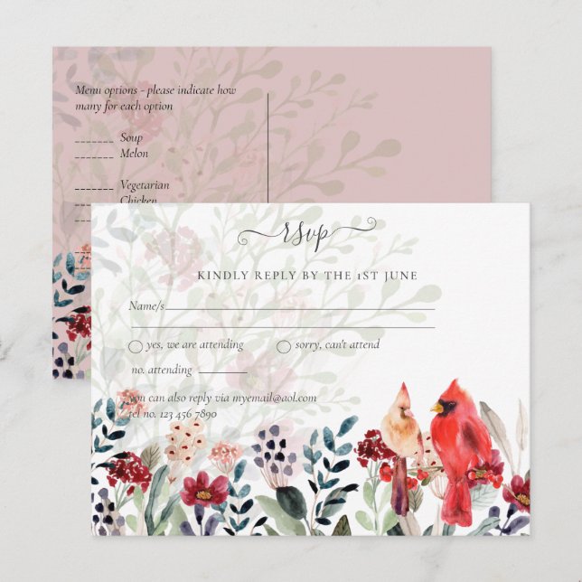 Carte Postale Beau Mariage ROUGE CARDINAL Oiseaux (Devant / Derrière)