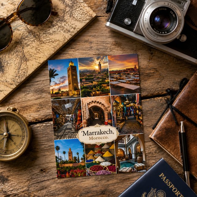 Carte Postale Beau Marrakech Maroc Collage Medina  (Morocco's Marrakech postcard. )