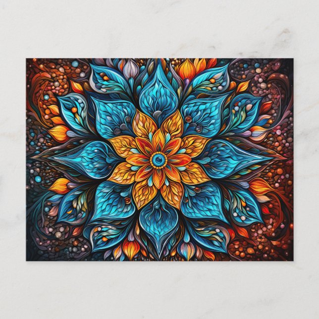 Carte Postale Beau Motif géométrique Mandala bleu orange (Devant)