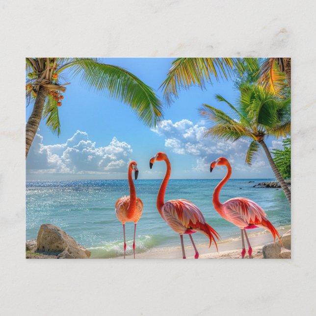 Carte Postale Beau Océan Flamants roses Rose Palmiers Sable (Devant)