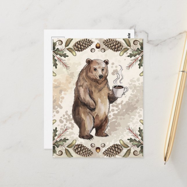 Carte Postale Beau Ours Brown Au Café (Devant/Arrière en situation)