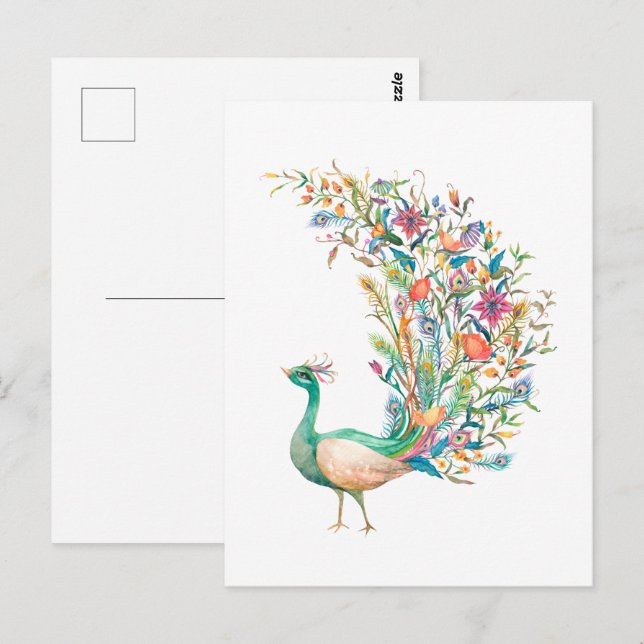 Carte Postale Beau paon vert à l'aquarelle (Devant / Derrière)