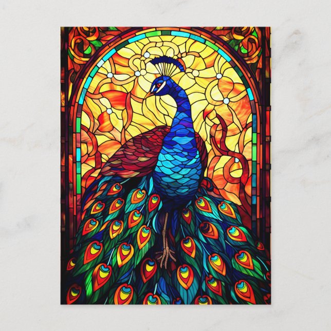 Carte Postale Beau Peacock Vitrail Art de la faune (Devant)