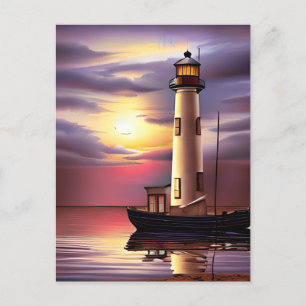 Carte Postale Beau phare, voilier et Ocean Sunset