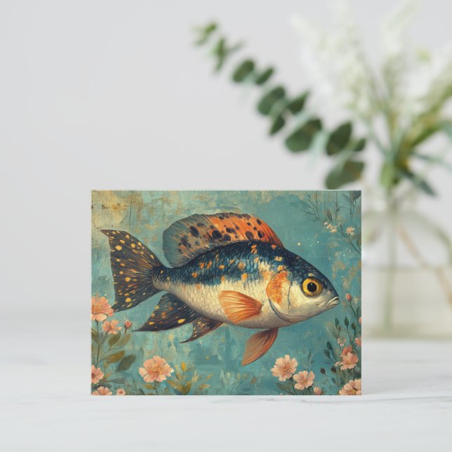 Carte Postale Beau poisson et fleurs roses (Debout devant)