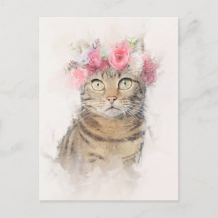 Carte Postale Beau Portrait Couronne Fleur de Chat