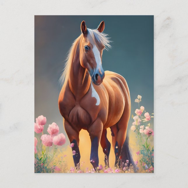 Carte Postale Beau Quarter Cheval avec fleurs Nom (Devant)