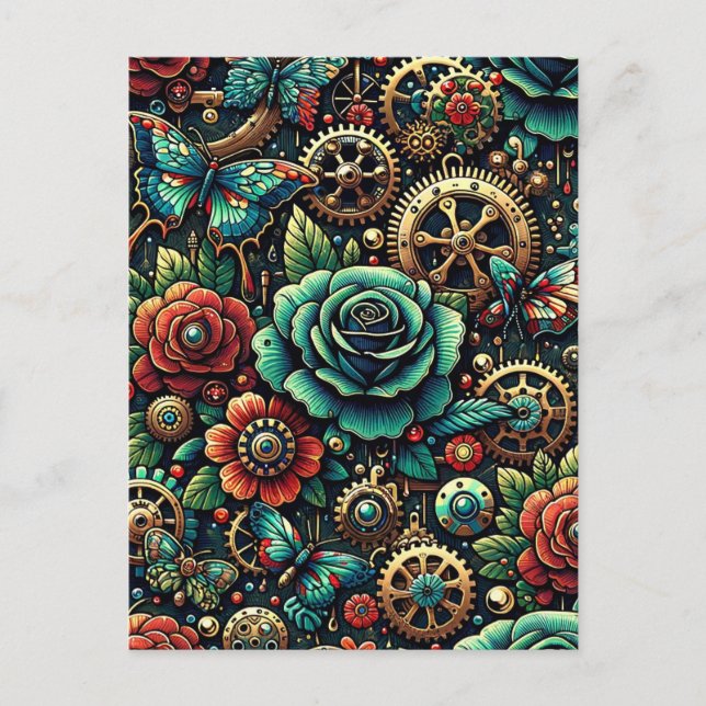 Carte Postale Beau Steampunk Gears à thème et Roses (Devant)