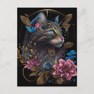 Carte Postale Beau steampunk Maine Coon avec fleurs IA art