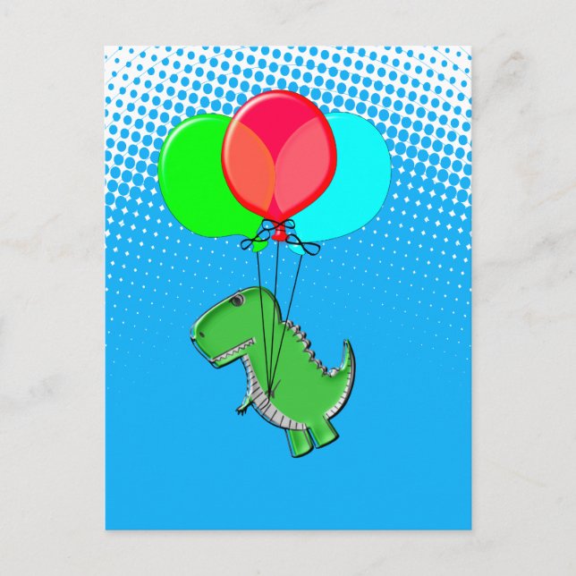 Carte Postale Beau Vol T-Rex Avec Ballons Dans Ciel Bleu (Devant)