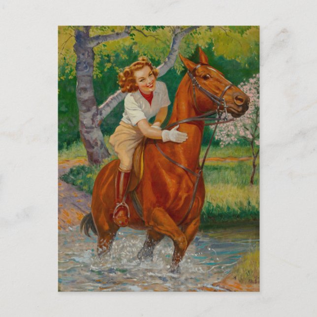 Carte Postale Beauté sur un cheval Fille Pin-Up des années 1960 (Devant)